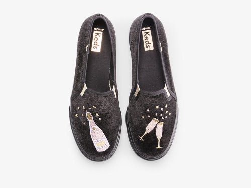 Keds Double Decker Velvet Cheers Ženske Slip On Sneakers Crne | RS-43304