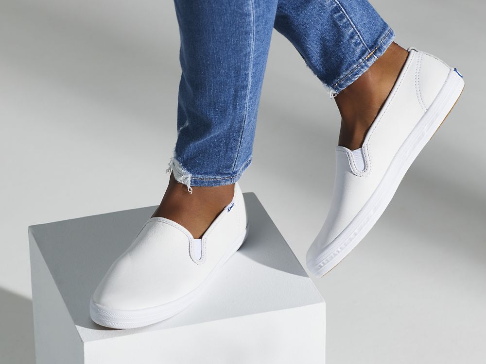 Keds Champion Slip On Koža Ženske Koža Sneakers Bijele | RS-71593