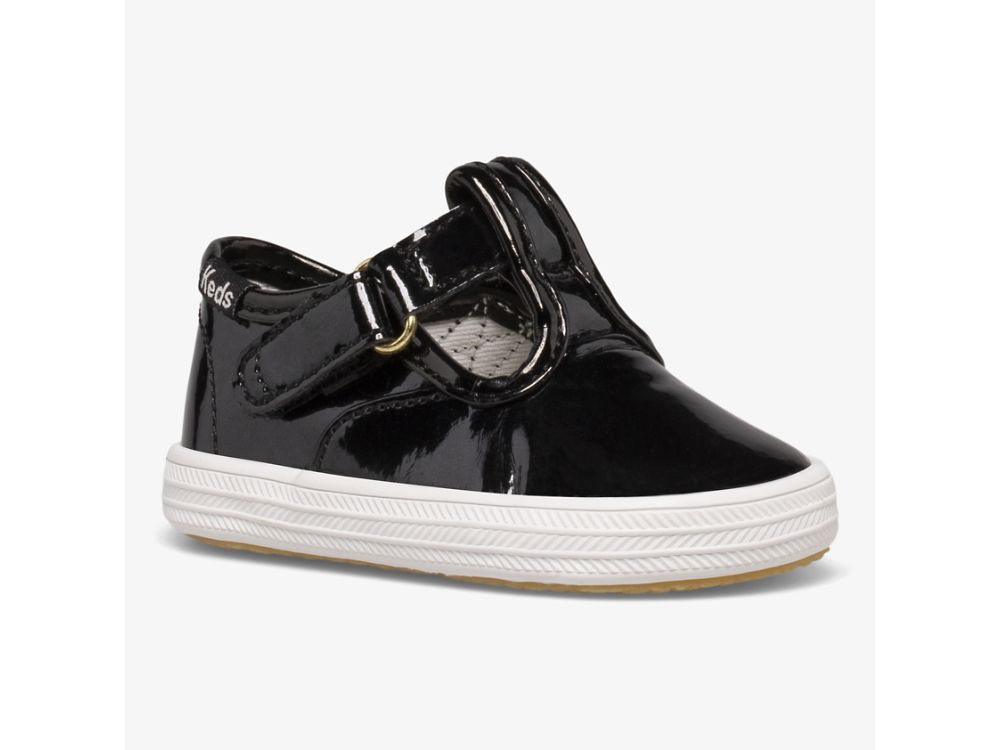 Keds Champion Toe Cap T-Strap Djevojke Slip On Sneakers Crne | RS-62355