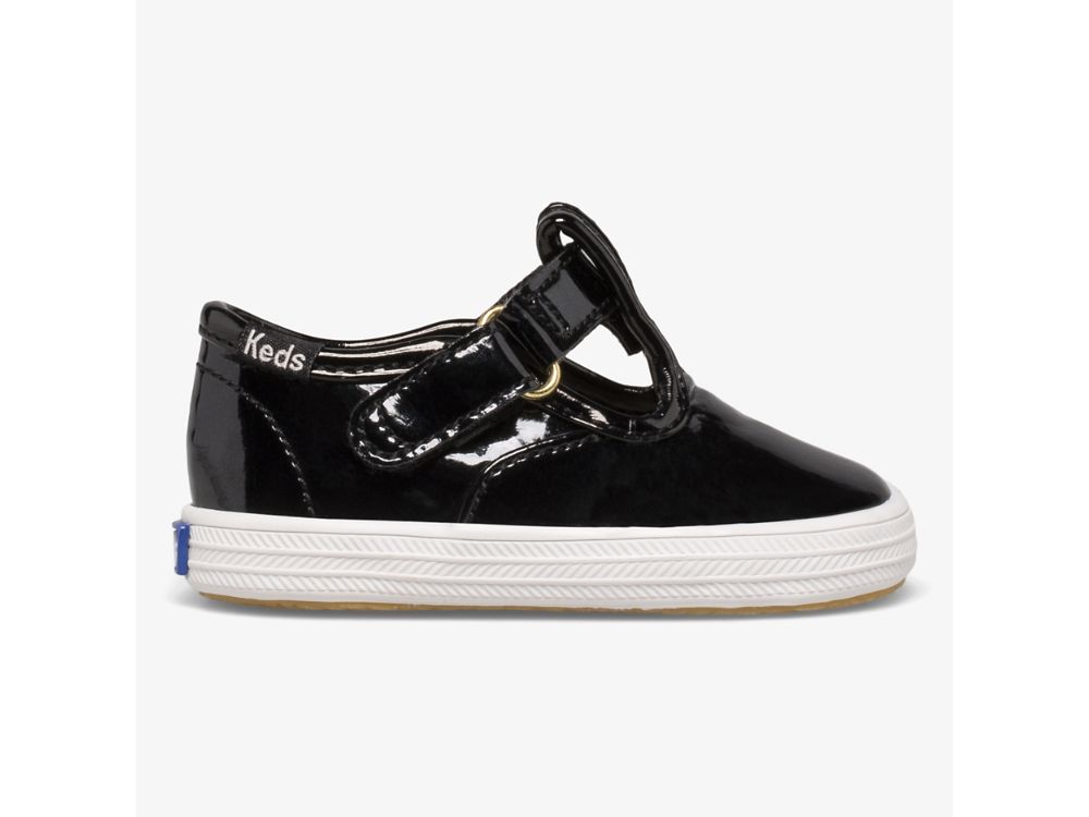 Keds Champion Toe Cap T-Strap Djevojke Slip On Sneakers Crne | RS-62355