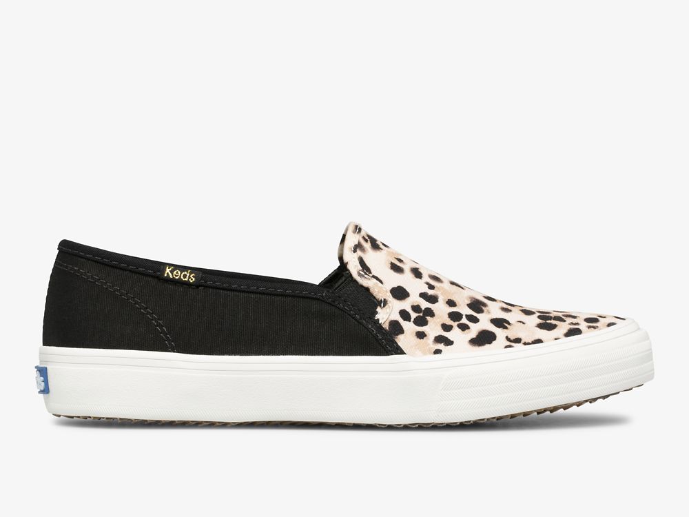 Keds Double Decker Leopard Canvas Ženske Slip On Sneakers Crne | RS-32980