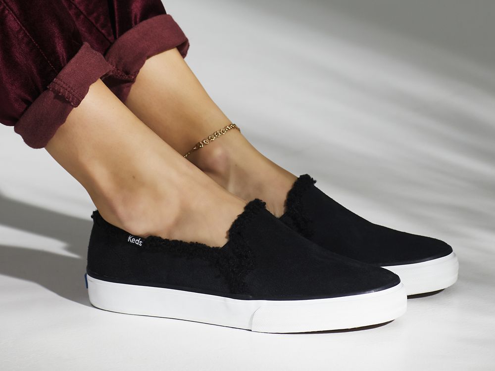 Keds Double Decker Suede Faux Shearling Ženske Slip On Sneakers Crne | RS-38547