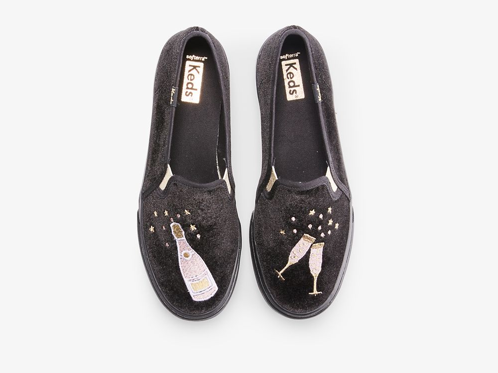 Keds Double Decker Velvet Cheers Ženske Slip On Sneakers Crne | RS-43304