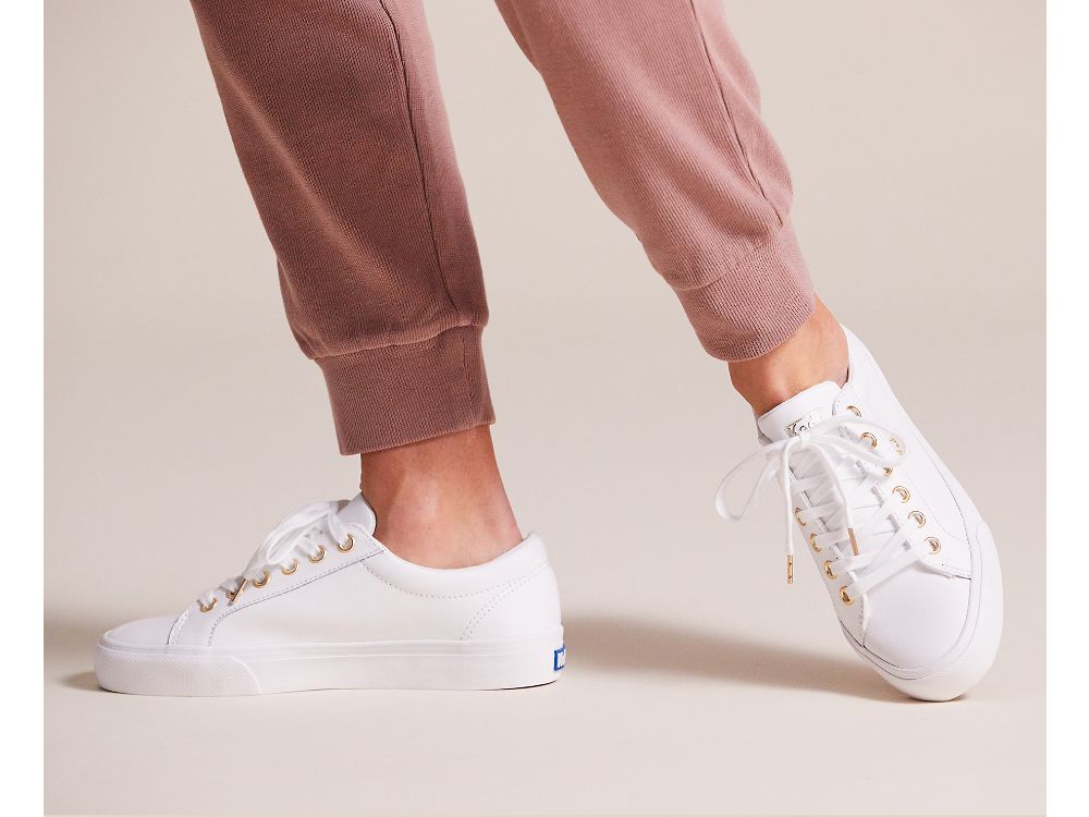 Keds Jump Kick Koža Ženske Koža Sneakers Bijele Zlatne | RS-42728