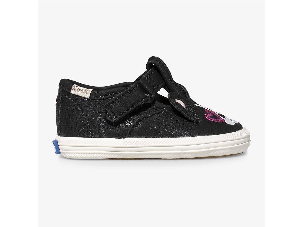 Keds Kate Spade New York Champion T-strap Francois Djevojke Koža Sneakers Crne | RS-11043