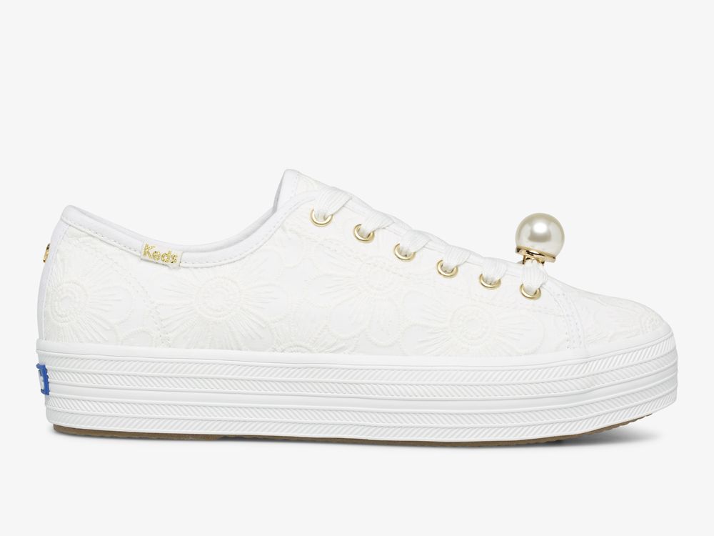 Keds Ksny Triple Kick Floral Eyelet Pearls Ženske Platforma Sneakers Bijele | RS-69122