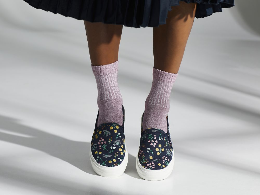 Keds Rifle Paper Co. Double Decker Petite Fleurs Printed Ženske Slip On Sneakers Indigo | RS-05799