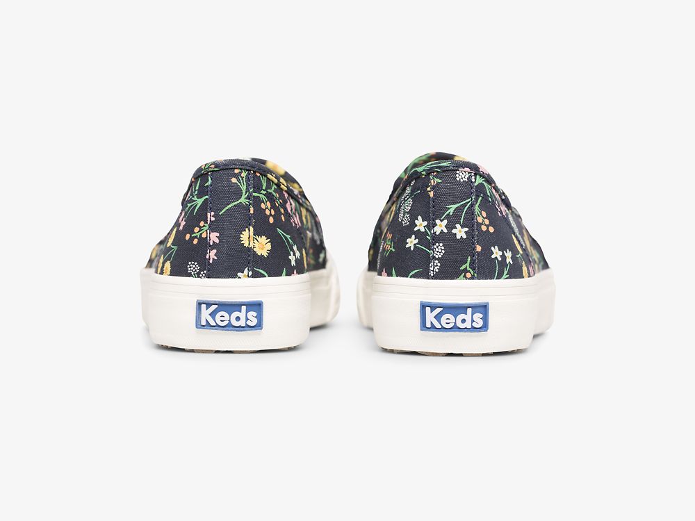 Keds Rifle Paper Co. Double Decker Petite Fleurs Printed Ženske Slip On Sneakers Indigo | RS-05799