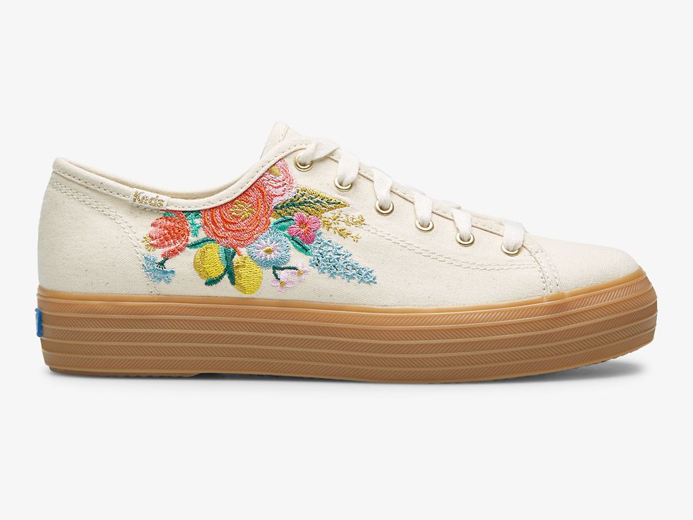 Keds Rifle Paper Co. Triple Kick Embossed Garden Party Ženske Platforma Sneakers Bijele Visebojne | RS-24314