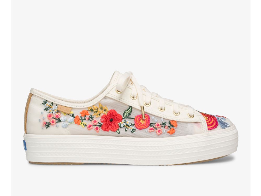 Keds Rifle Paper Co. Triple Kick Embroidered Mesh Ženske Platforma Sneakers Bijele Visebojne | RS-06218