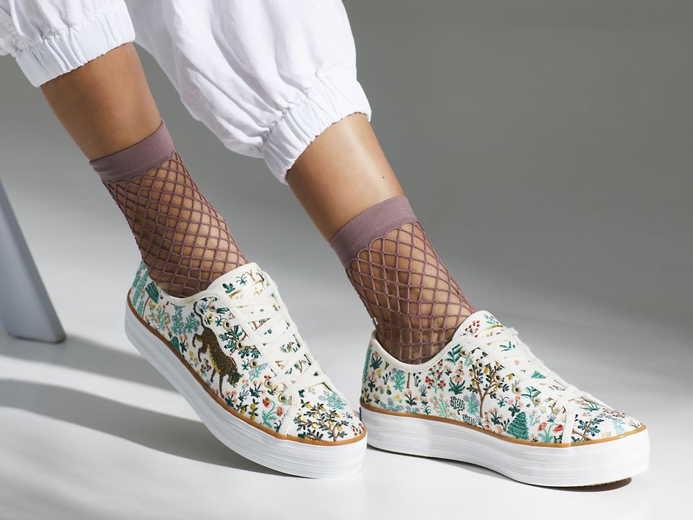 Keds Rifle Paper Co. Triple Kick Menagerie Embroidered Ženske Lace Up Shoes Krem Visebojne | RS-81376