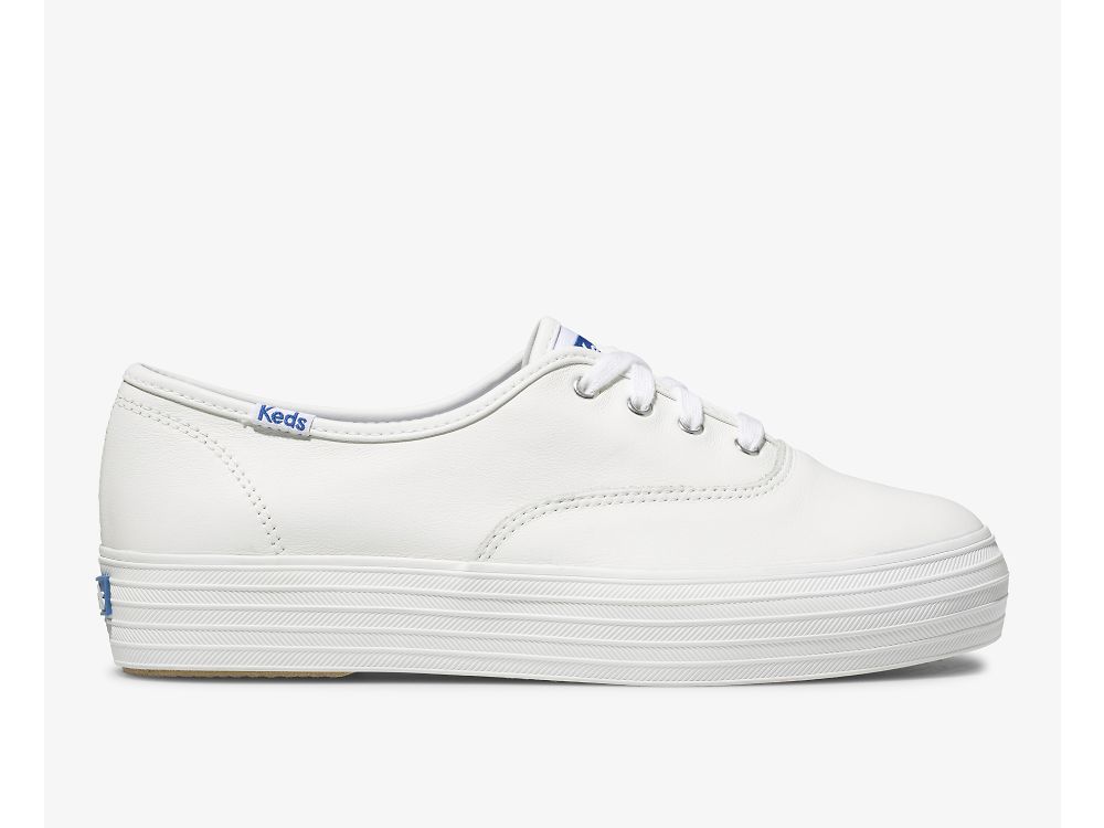 Keds Triple Koža Ženske Lace Up Shoes Bijele | RS-09693